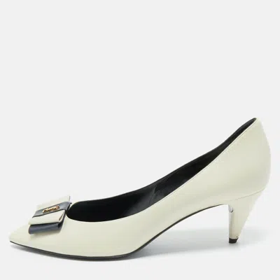 Pre-owned Saint Laurent Cream Leather Anais Ysl Bow Pumps Size 40
