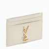 SAINT LAURENT CREAM LEATHER CARD HOLDER WITH TWO-TONE METAL LOGO