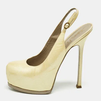 Pre-owned Saint Laurent Cream Leather Tribtoo Slingback Pumps Size 38.5 In White