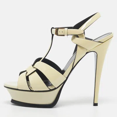 Pre-owned Saint Laurent Cream Patent Leather Tribute Platform Sandals Size 37.5 In White