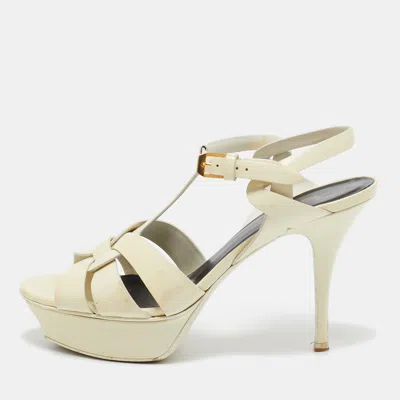Pre-owned Saint Laurent Cream Patent Leather Tribute Sandals Size 38