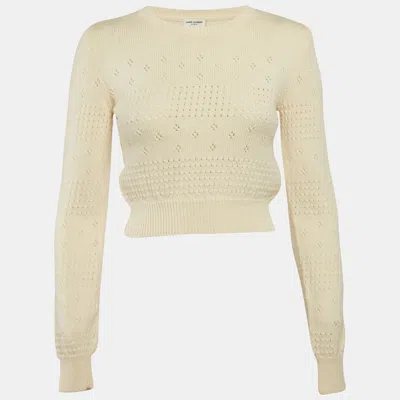 Pre-owned Saint Laurent Cream Pointelle Knit Crop Fisherman Sweater Xs