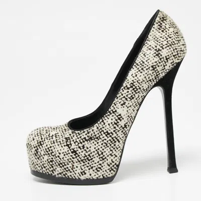 Pre-owned Saint Laurent Cream/black Calf Hair Tribtoo Platform Pumps Size 38.5