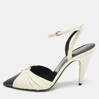 Pre-owned Saint Laurent Cream/black Leather Anja Pointed Toe Slingback Pumps Size 39