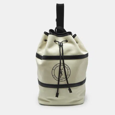 Pre-owned Saint Laurent Cream/black Nubuck And Leather Rive Gauche Sling Bag In Beige