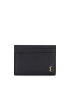 Saint Laurent Tiny Cassandre Card Case In Grained Leather In Blue