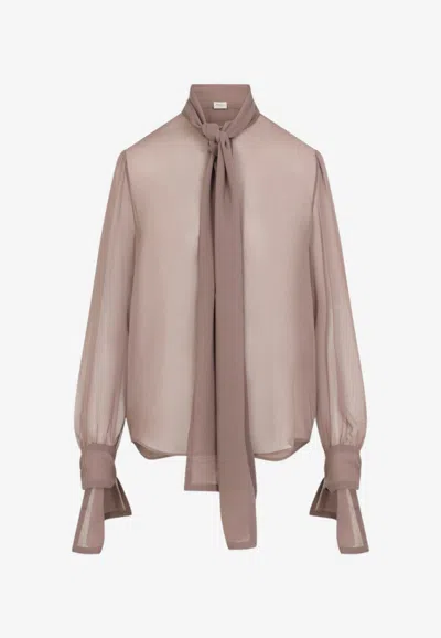 Saint Laurent Crepe De Chine Long-sleeved Blouse With Scarf In Multi