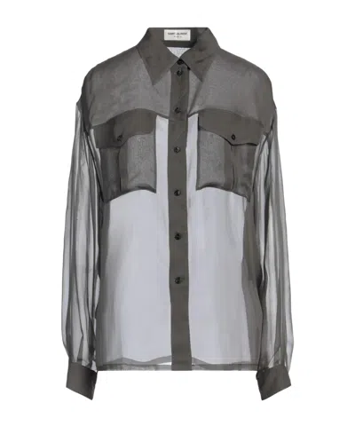 Saint Laurent Crepe Long-sleeved Shirt In Gray