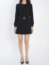 Saint Laurent Crystal Belt Long Sleeve Open Back Minidress In Black