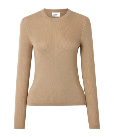 Saint Laurent Crew Neck Ribbed Knit Sweater In Neutral