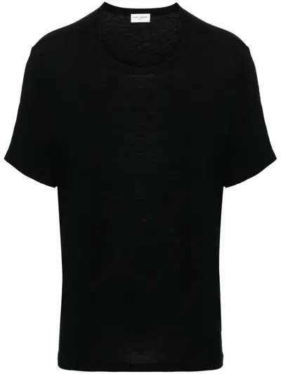 Saint Laurent Geripptes T-shirt Mit Rundem Ausschnitt In Schwarz