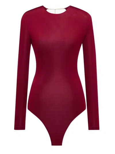 Saint Laurent Crewneck Bodysuit With Back-neck Clasp And Snap-button Leg Closure In Burgundy