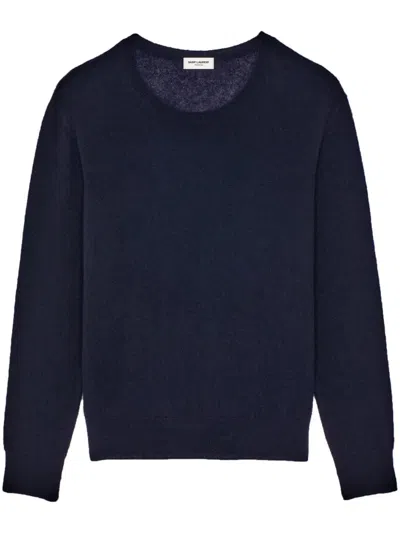 Saint Laurent Crew Neck Fine-knit Jumper In Blue