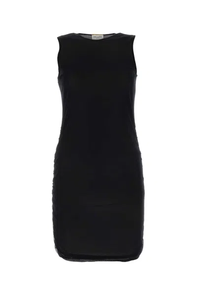 Saint Laurent Crewneck Ruched Detailed Mini Dress In Noir