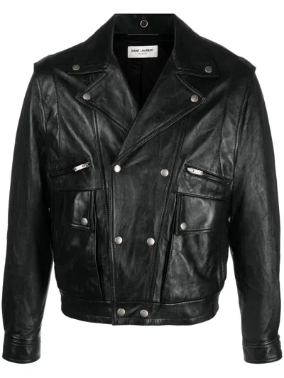 Saint Laurent Crinkled-effect Leather Jacket In Black