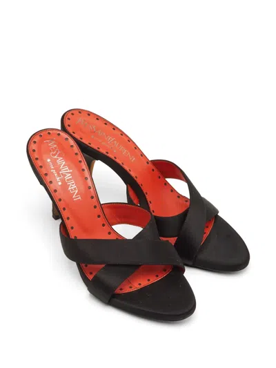 Pre-owned Saint Laurent Criss-cross Satin Heeled Sandals In Black