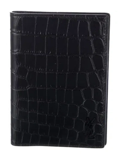 Pre-owned Saint Laurent Croc Embossed Leather Card Holder In Black
