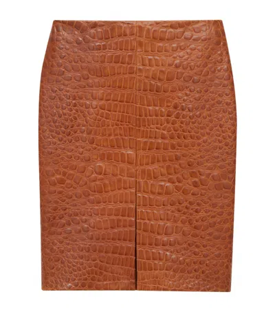Saint Laurent Pencil Skirt In Crocodile-embossed Leather In Brown