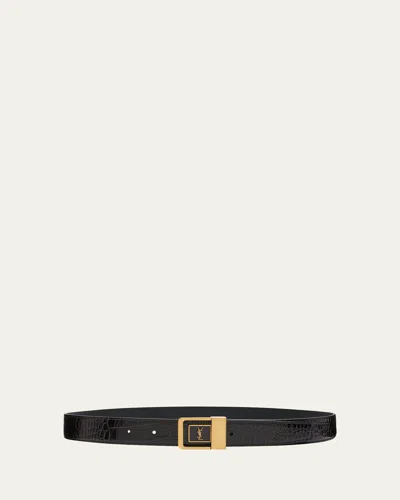 Saint Laurent Croc-embossed Leather Square Buckle Belt In Fondente