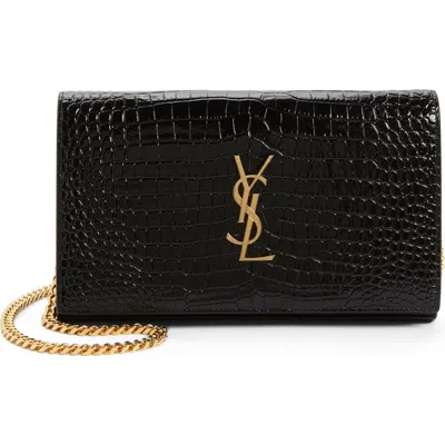 Saint Laurent Croc Embossed Leather Wallet On A Chain In Gold