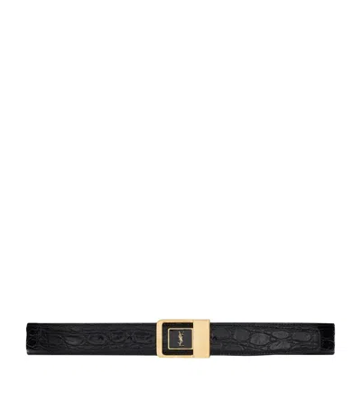 Saint Laurent Croc-embossed Logo Belt In Black
