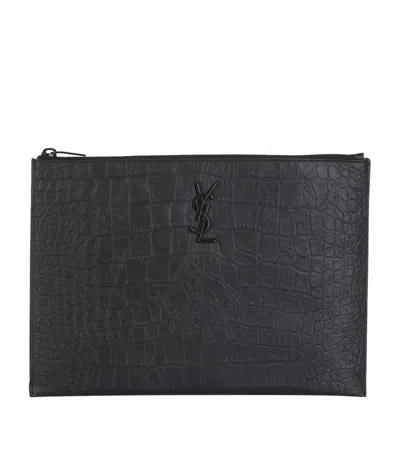 Saint Laurent Croc-embossed Monogram Pouch In Black