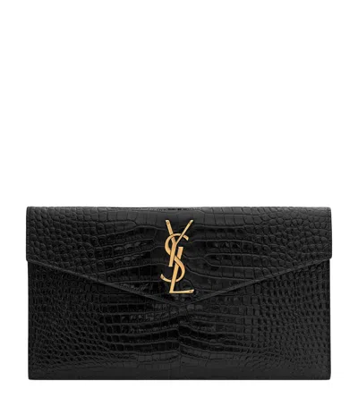 Saint Laurent Croc-embossed Uptown Envelope Pouch In Black