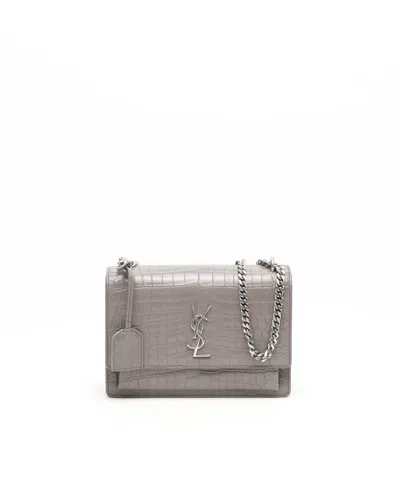 Saint Laurent Croc Medium Sunset Bag In Gray