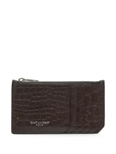 Pre-owned Saint Laurent Croc-embossed Leather Card Holder In Brown