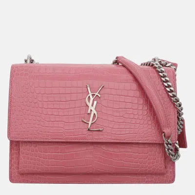 Pre-owned Saint Laurent Croco Embossed Sunset Medium Chain Shoulder Bag In Pink