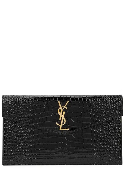 Saint Laurent Crocodile-effect Glossed Leather Pouch In Black