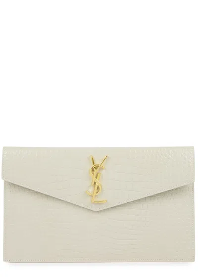 Saint Laurent Crocodile-effect Glossed Leather Pouch In White