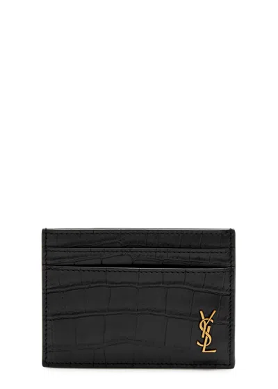 Saint Laurent Crocodile-effect Leather Card Holder In Black