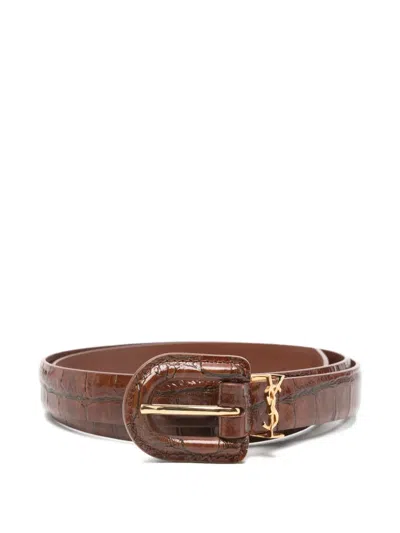 Saint Laurent Crocodile-effect Logo Belt In Brown