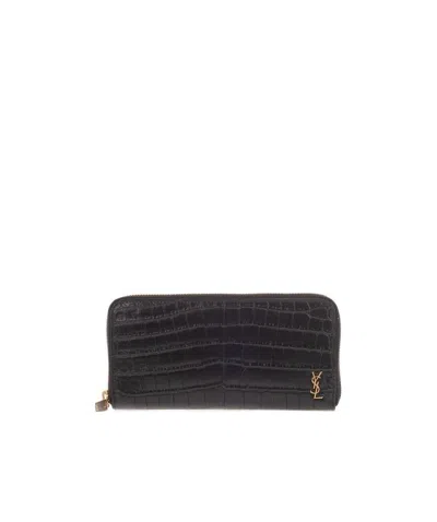 Saint Laurent Crocodile Effect Logo Wallet In Black