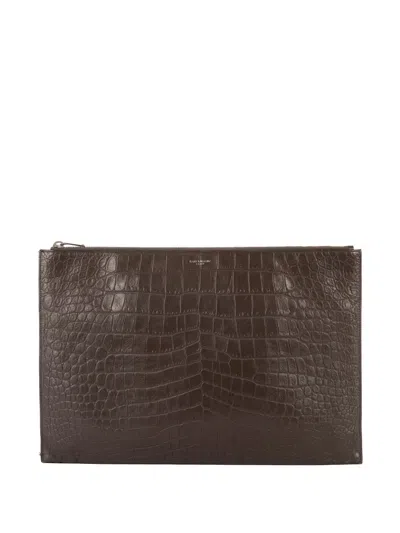 Pre-owned Saint Laurent Crocodile-effect Pouch In Brown