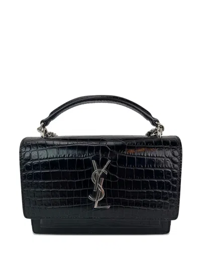 Pre-owned Saint Laurent Crocodile Embossed Chain Tote Bag In Black