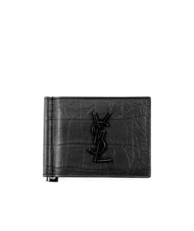 Saint Laurent Crocodile-embossed Money Clip Wallet In Black
