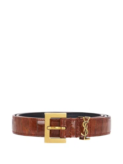 Saint Laurent Crocodile-embossed Square-buckle Belt In Brown