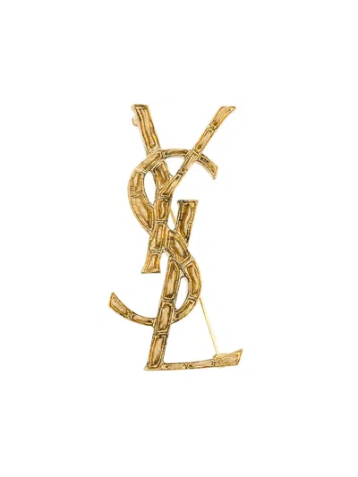 Saint Laurent Crocodile Texture Brooch With Intertwined Ysl Logo - 7cm In Gold