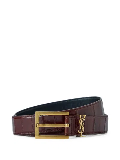 Saint Laurent Crocodile-effect Logo-plaque Belt In Brown