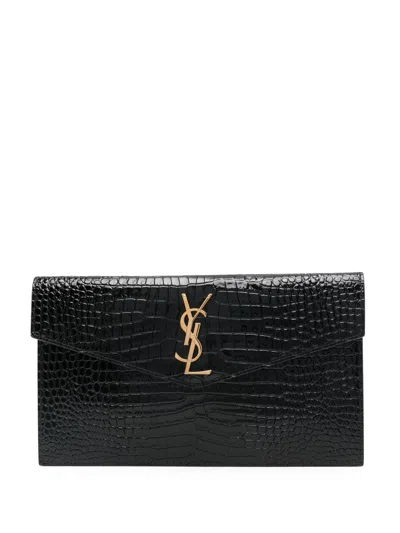 Saint Laurent Crocodile-embossed Shiny Leather Mini Clutch Bag (27 X 16 X 2 Cm) With Gold-tone Hardw In Nero