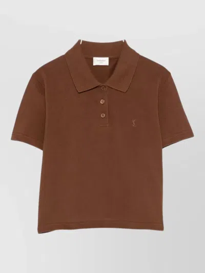 Saint Laurent Cropped Cotton Polo Shirt Short Sleeves In Black