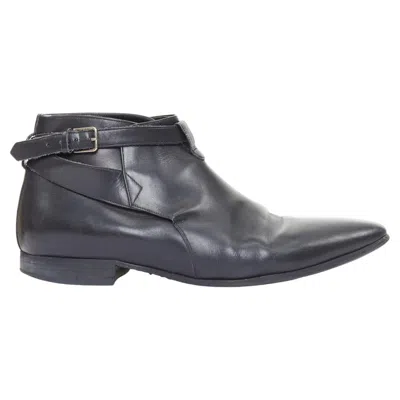 Pre-owned Saint Laurent Cropped Jodhpur 20 Black Leather Silver Buckl Ankle Boots Eu41
