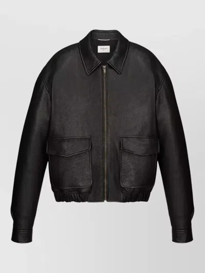 Saint Laurent Cropped Lamb Leather Jacket Pointed Collar In Black