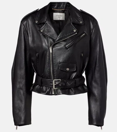 Saint Laurent Cropped Leather Biker Jacket In Black