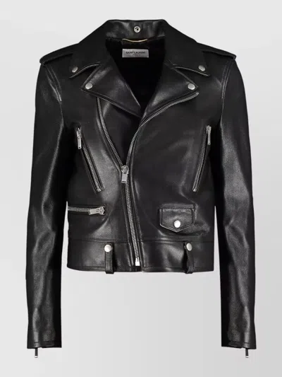 Saint Laurent Cropped Leather Biker Jacket Tailored Fit In Black