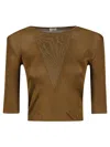 Saint Laurent Cropped Ribbed Top With Deep V-neckline In Brown