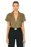 Saint Laurent Warped Leopard Print Short Sleeve Crop Snap-up Shirt In Black & Camel