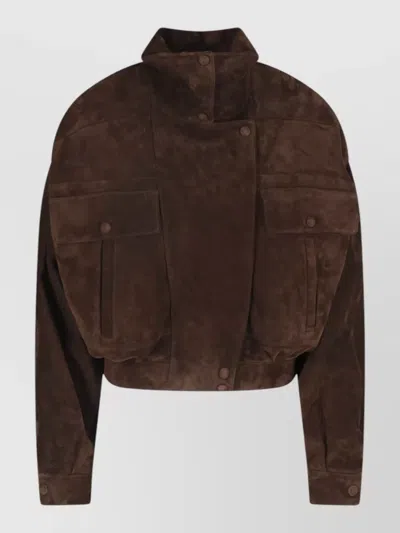 Saint Laurent Cropped Suede Coat Featuring Buttoned Pockets In Brown